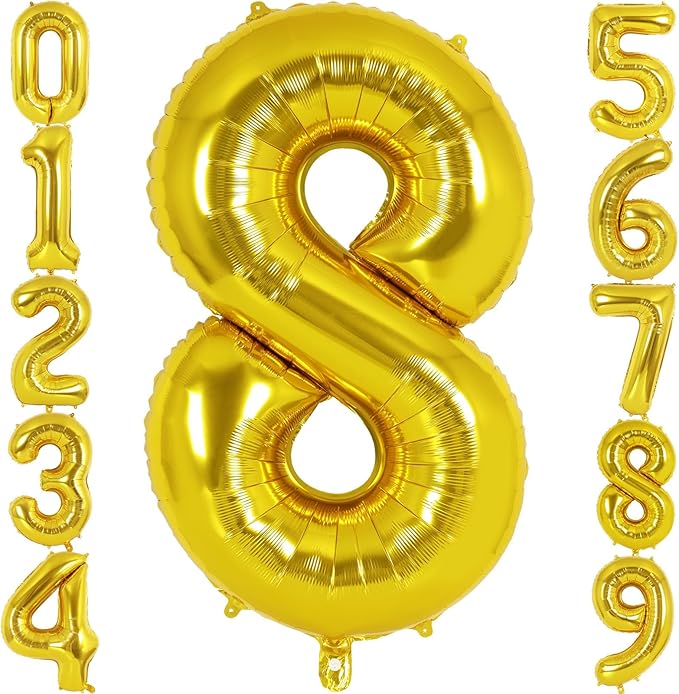 Gold Number 8 Balloon 40 Inch, Big Large Foil Helium Number Balloons, Jumbo Giant Mylar Number 8 Balloons for 8 Year Old Birthday Party Decorations Supplies Anniversary Celebration