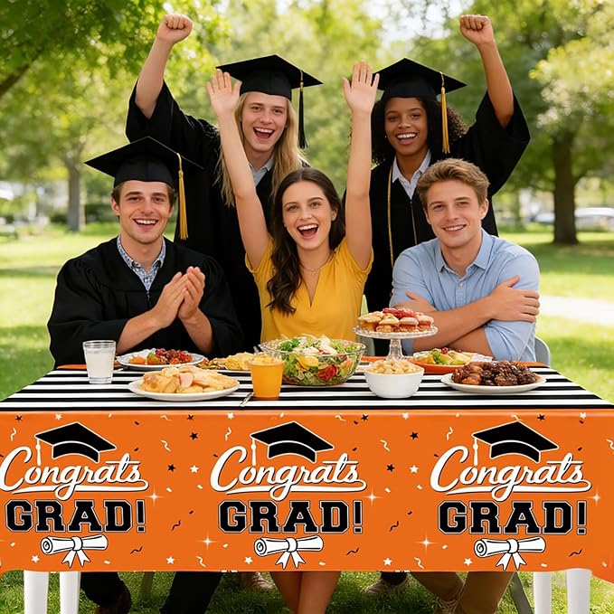 7-Pack Graduation Party Decorations Set, 3 Orange Graduation Tablecloths 54x108in, 2026 and Grad Balloons, 2 Foil Fringe Curtains for High School College Graduation Party Photo Booth