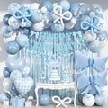 Dusty Blue Bow Birthday Decorations, Coquette Bow Blue White and Clear Balloons with Happy Birthday Banner Fringe Curtain Cake Toppers for Women Girls Baby Shower Party Supplies