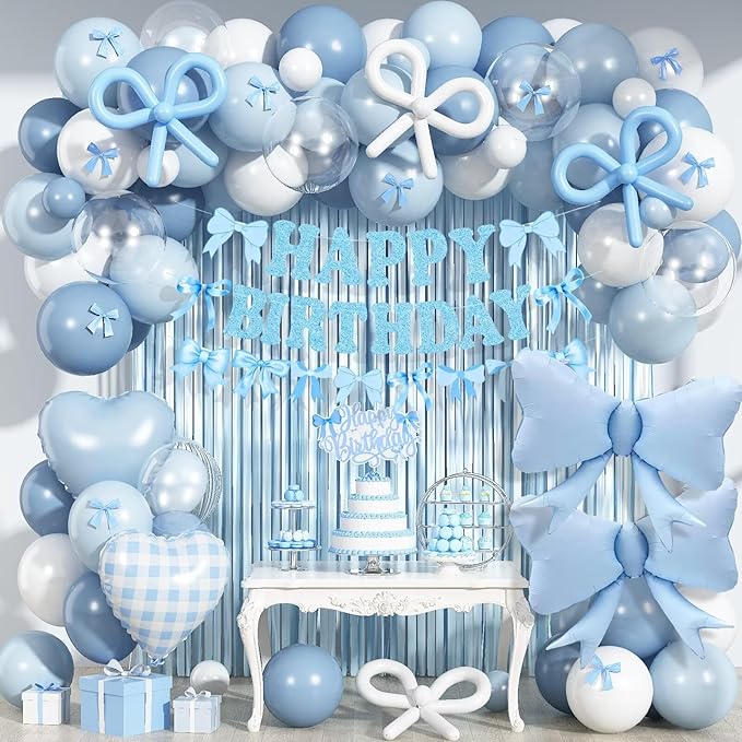 Dusty Blue Bow Birthday Decorations, Coquette Bow Blue White and Clear Balloons with Happy Birthday Banner Fringe Curtain Cake Toppers for Women Girls Baby Shower Party Supplies