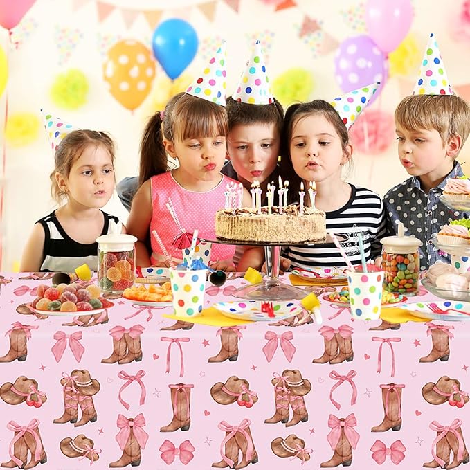 4Pcs Western Cowgirl Tablecloth Coquette Bow Cowgirl Birthday Party Tablecover 51x86 inch Cowboy Rodeo Table Cloth Western Theme Party Decoration Birthday Party Supplies