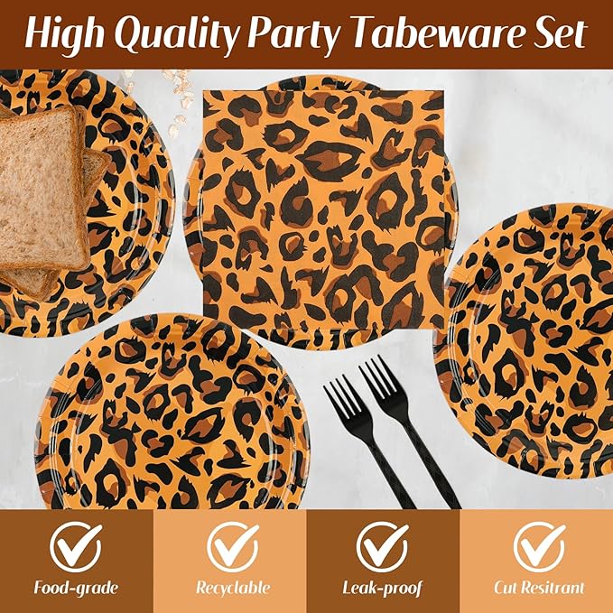 72PCS Leopard Birthday Plates Napkins Set, Leopard Cake Plates with Forks Cheetah Print Disposable Party Supplies Tableware for Birthday, Baby Shower, Jungle Party Decorations
