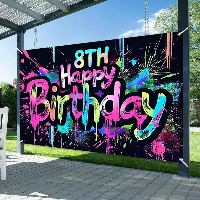 Neon 8th Happy Birthday Banner 71x43 Inch Paint Splatter Glow in The Dark Backdrop Colorful Wall Decor for Kids Boys Girls Eighth Birthday Celebrations Photo Booth Props Event Supplies
