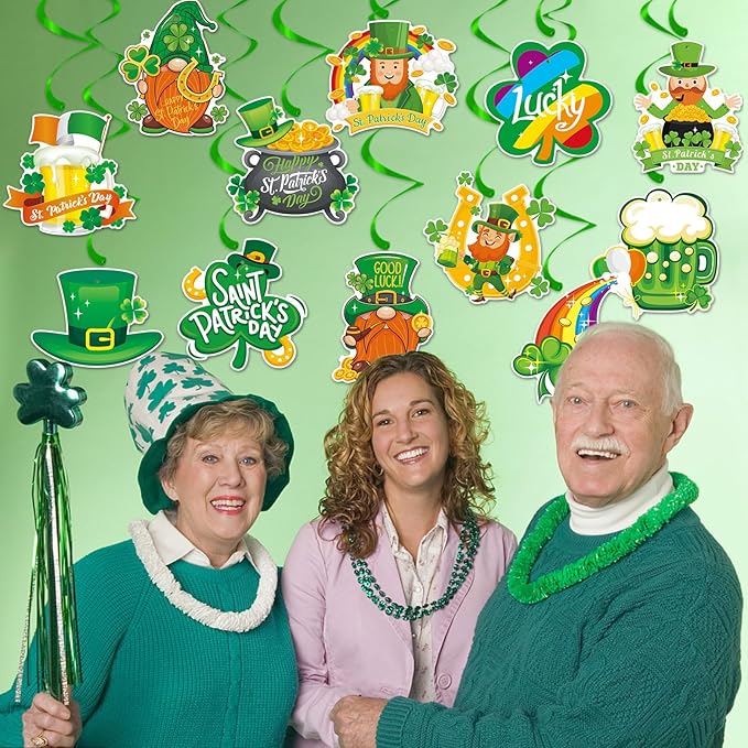 St-Saint Patricks-Day Party Decorations Garland Streamers - 12Pcs Green Banner Decor Shamrock Gonme Hat Hanging Swirl,Baby Shower Birthday Irish Lucky Party Supplies Hugtmr