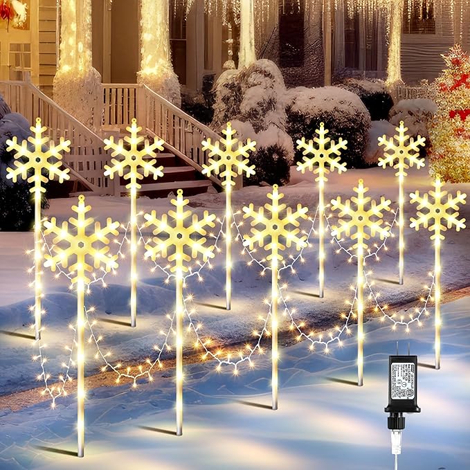 10 Pcs Christmas Snowflake Pathway Stake Lights for Outdoor Yard, 370 Bright LEDs Waterproof Large Christmas Snowflake Light Decoration for Garden Lawn Driveway Walkway Decor (Warm White)