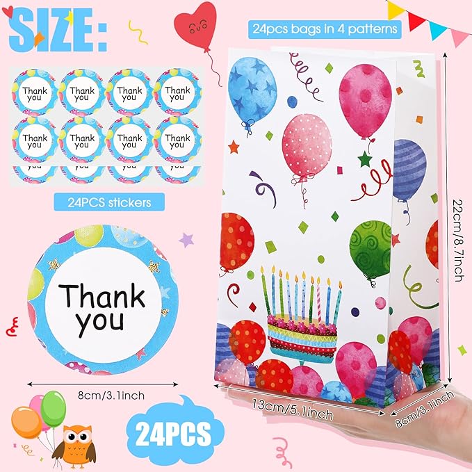 Chrisfall 24 Pieces Birthday Gift Bag Birthday Party Favor Gift Bags Goodie Bags with Seal Stickers Birthday Party Candy Bags Party Supplies