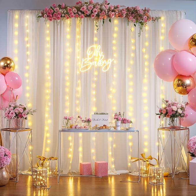10x10FT White Wrinkle Free Backdrop Curtains with Lights String for Parties - Photo Curtain Backdrop with Lights for Wedding Decorations, Bridal Baby Shower Birthday Party Photography Background