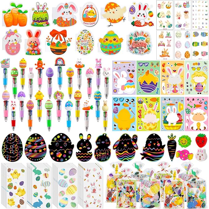 24 Pack Easter Party Favors Classroom Gifts Set with Classic Spring Designs for Teens, Easter Goodie Bags with Notebooks Pens Stickers Tattoos Scratch Art for Classroom Gifts Basket Stuffers