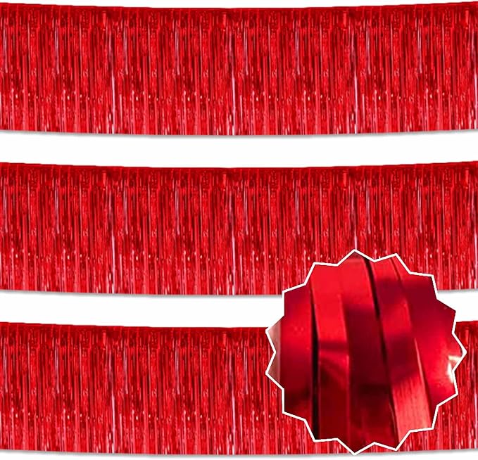 3 Pack 10 Ft Red Foil Fringe Garland Metallic Streamers Tinsel Banner Wall Hanging Garland Backdrop for Parade Floats, Halloween, Christmas, Thanksgiving, New Year Party Decorations
