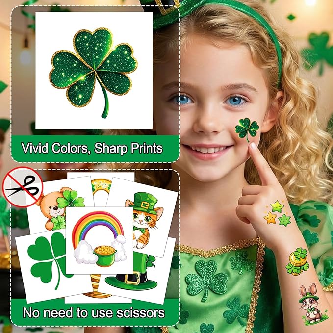 JCFIRE 95 PCS St Patricks Day Tattoos for Kids, Shamrock Stickers Temporary Tattoos for Children, Saint Patricks Day Accessories Party Favors, Lucky Irish Decor Gifts, St Paddy Decorations Supplies