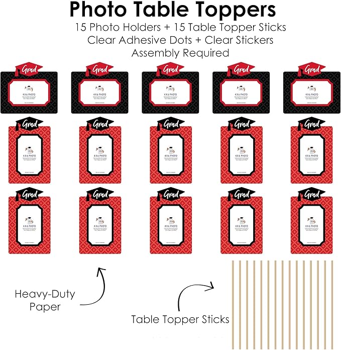 Big Dot of Happiness Red Graduation Photo Display Centerpiece Kit - 15 Double-Sided Photo Table Topper Sticks, Vertical and Horizontal 4x6 Picture Holders, DIY Party Decoration Set