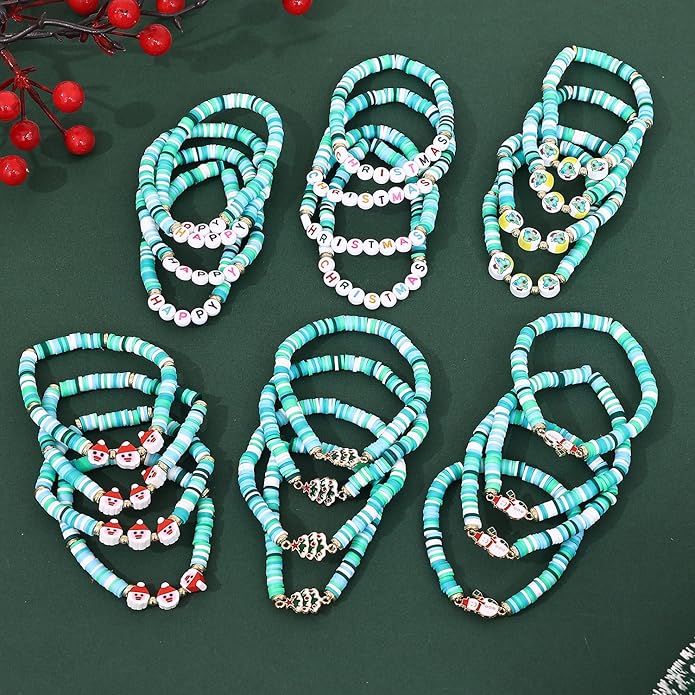 Cooluckday 36 Pcs Holiday Heishi Surfer Bracelets for Women Bulk Easter Mother's Day Christmas St. Patrick's Day Mardi Gras Bracelet Stackable Stretch Friendship Bracelets Set