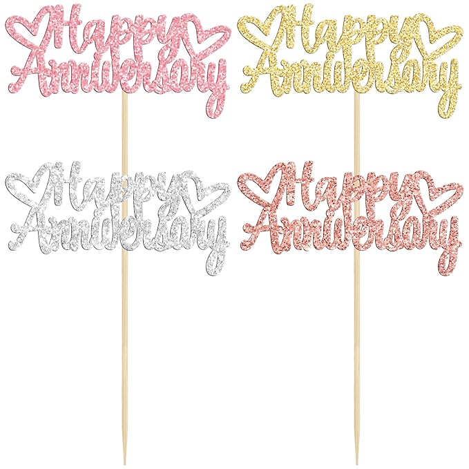 Gyufise 24Pcs Glitter Happy Anniversary Cupcake Toppers Anniversary Party Supplies Cake Decoration Wedding Anniversary Celebration Party Decoration Supplies Multi