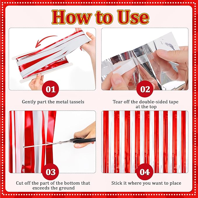 2 Pack Photo Backdrop, Clown Circus Theme Party Decorations Red & White Tinsel Curtain 3.3x6.6 Ft Foil Fringe Backdrop for Holiday Carnival Circus, Birthday, Wedding, Graduation