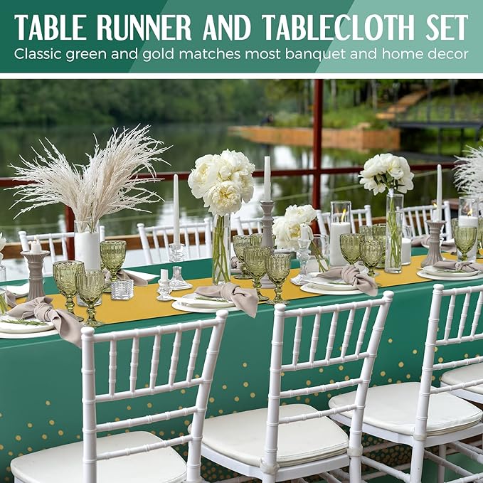 Breling 8 Pack Green and Gold Disposable Plastic Tablecloths and Satin Table Runner Set, 54 x 108 Inch Tablecloth, 12 x 108 Inch Table Runners for Wedding Graduation Birthday Baby Shower New Year