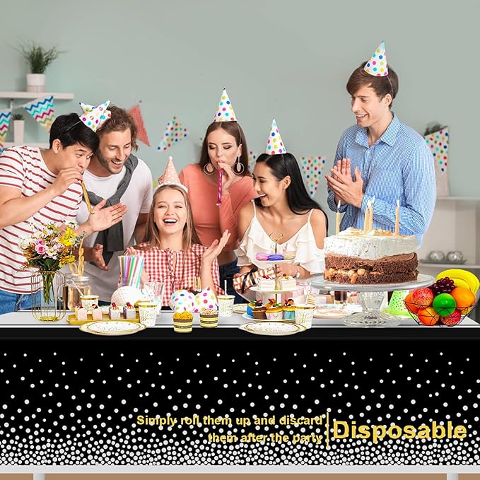 6 Pack Black and Silver Tablecloth Party Decorations Plastic Black Tablecloth Printed Silver Table Runner 54 x108 Inch Disposable Rectangle Table Cover for Birthday Wedding Graduation