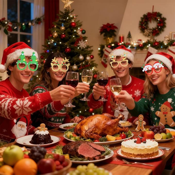 2026 Christmas Party Glasses,12pcs Fun Glitter Christmas Holiday Photo Booth Props for Kids Adults, Costume Eyeglasses for Christmas Party Favors and Decorations(One Size Fits All)