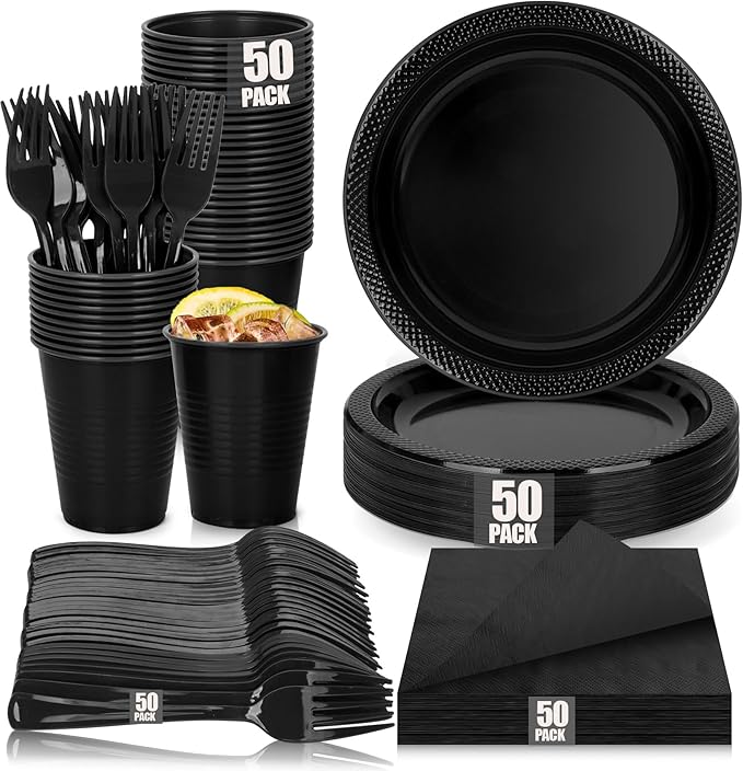 200pcs Black Plastic Party Plates Set, Disposable Black Plates and Napkins for Party, 50 Of Each 9" Dinner Plate, Napkins, Cups & Cutlery Plastic Dinnerware for Retirement, Graduation, Birthday, BBQ
