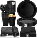 200pcs Black Plastic Party Plates Set, Disposable Black Plates and Napkins for Party, 50 Of Each 9" Dinner Plate, Napkins, Cups & Cutlery Plastic Dinnerware for Retirement, Graduation, Birthday, BBQ