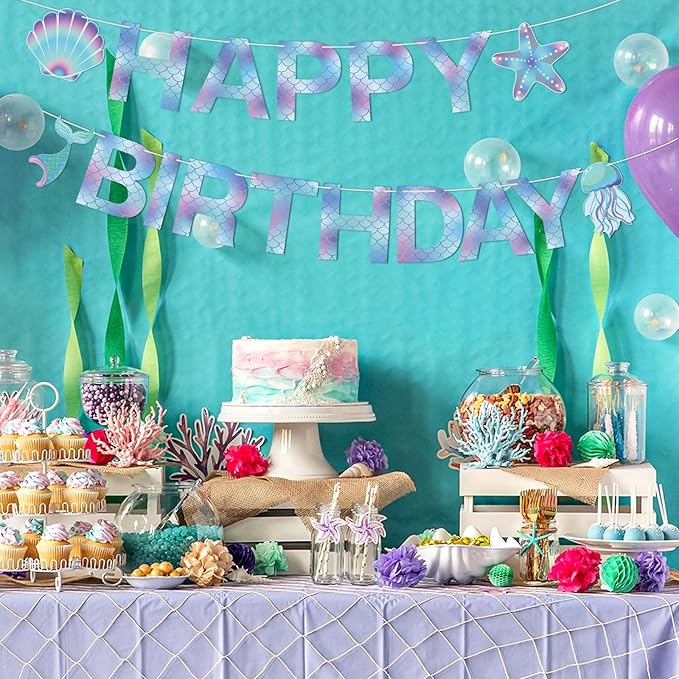 Mermaid Birthday Banner Sign, Mermaid Happy Birthday Bunting Banner Flag Garland for Girls Kids Baby Party, Baby Shower Decorations Supplies