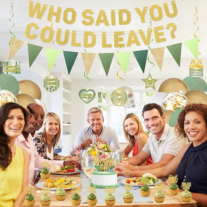 Roetyce Farewell Party Decorations, Green Gold Who Said You Could Leave Banner Cake Toppers Balloons Hanging Swirls, Going Away Retirement Leaving Party Decorations, Coworker Goodbye Party Supplies