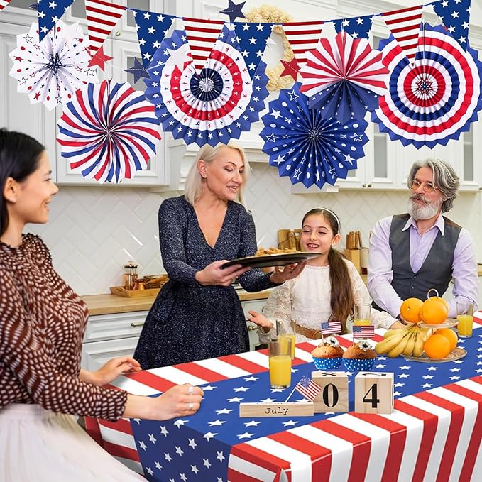 9PCS 4th of July Decorations Red White and Blue Paper Fans, USA Pennant Bunting, Star Streamers, Patriotic Tablecloth for Fourth of July Party Supplies, Memorial Day Veterans Day Patriotic Decor