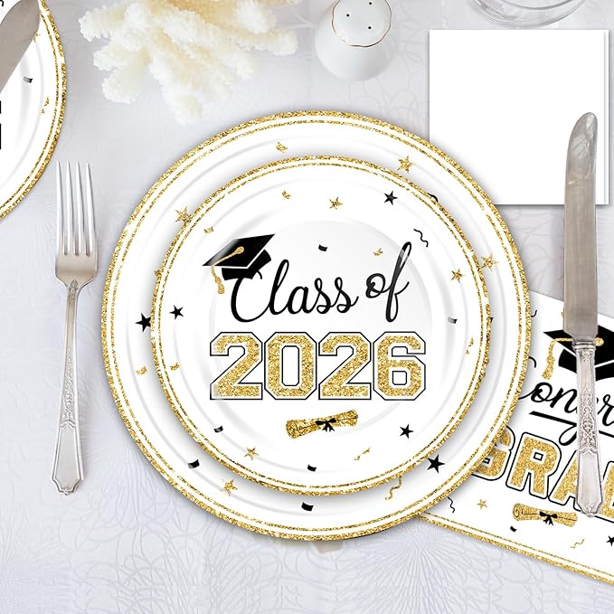 2026 Graduation Party Supplies Tableware Set - 100 Pcs White Gold Graduation Plates and Napkins Class of 2026 Disposable Dinnerware for College High School Congrats Grad Party favors, Serve 25