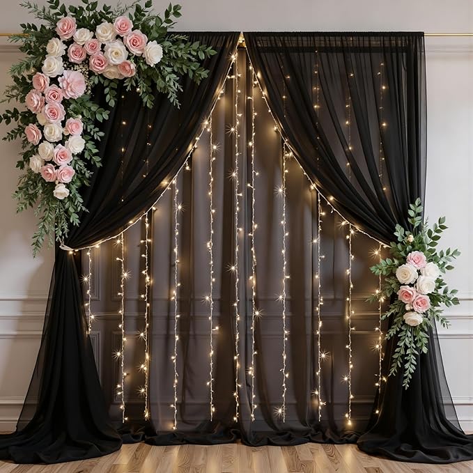 Black Backdrop Curtain - 10 * 8FT Tulle Backdrop Curtain with Lights String for Birthday Decorations - Sheer Backdrop Curtains for Weddings Baby Shower Celebration Happy Anniversary Decorations
