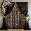 Black Backdrop Curtain - 10 * 8FT Tulle Backdrop Curtain with Lights String for Birthday Decorations - Sheer Backdrop Curtains for Weddings Baby Shower Celebration Happy Anniversary Decorations