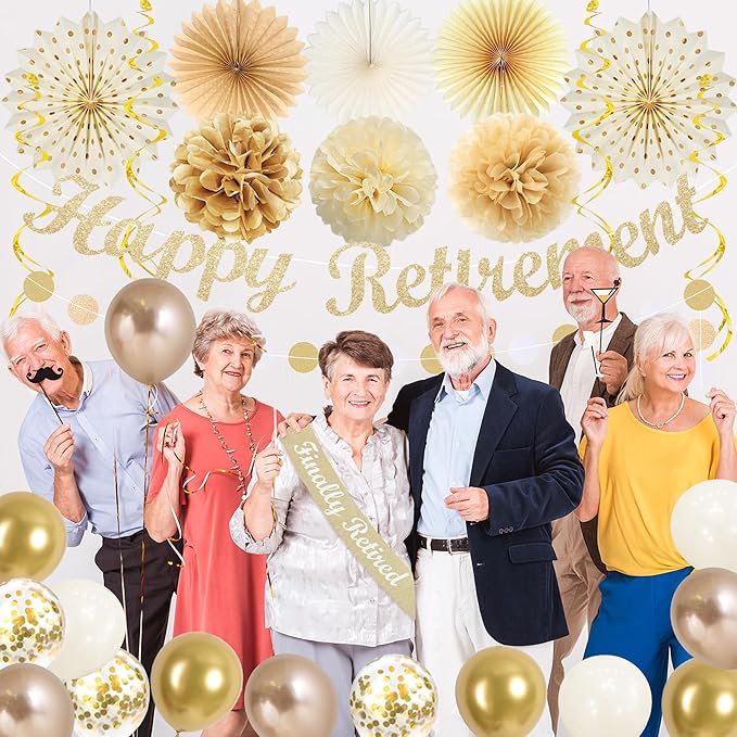 Vlipoeasn Retirement Decorations for Men Women, Champagne Gold Official Retired, Happy Retirement Banner Swirls Party Supplies Retired Farewell Party Set Work Graduation Party Decorations