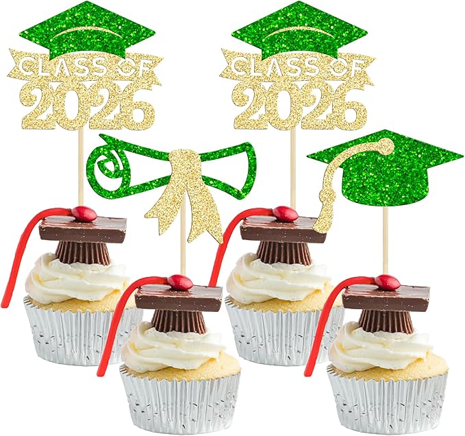 Gyufise 24Pcs 2026 Graduation Theme Cupcake Toppers Glitter Diploma Graduation Cap Class of 2026 Cupcake Picks for 2026 Graduation Theme Party Cake Decorations Supplies Gold Green