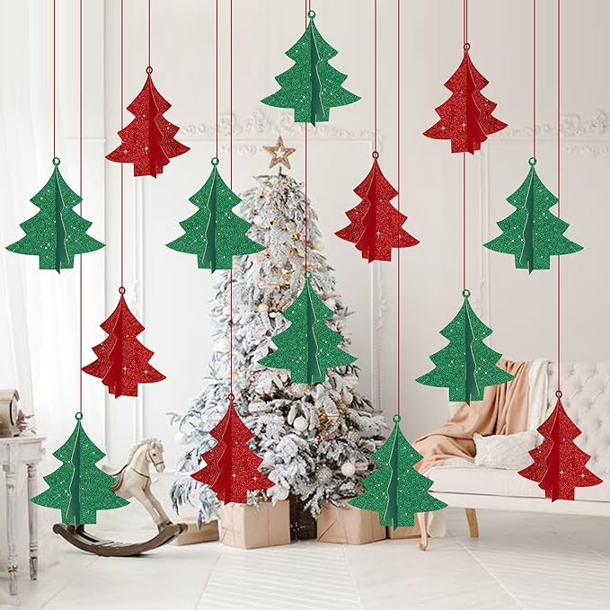 BEISHIDA Red Green Christmas Decorations, 14 Pcs 3D Christmas Tree Paper Garland Xmas Hanging Streamer Party Decorations for Baby Shower New Year Party Supplies