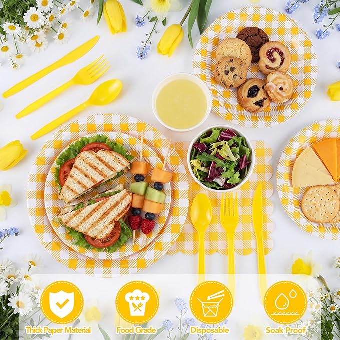 175 Pcs Gingham Party Supplies Include Yellow Gingham Plates and Napkins Cups Plastic Cutlery Disposable Yellow Checkered Plates Set for Easter, Picnic, Baby Shower, Golf Party