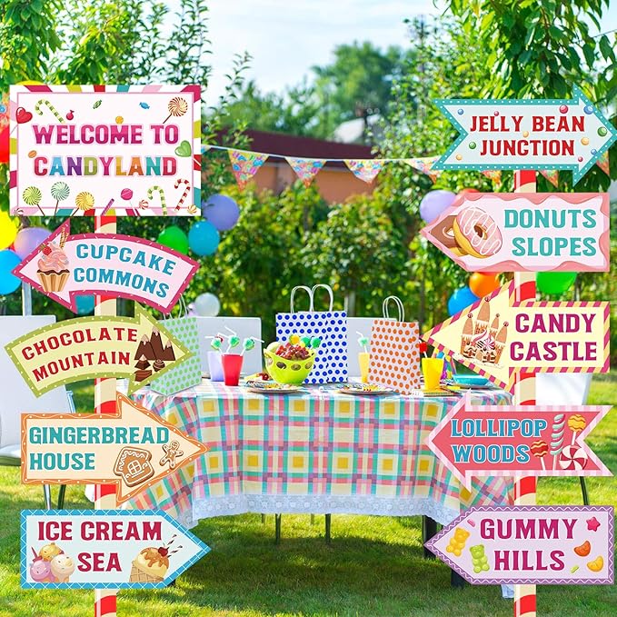 20 Pieces Candyland Decorations Welcome to Candyland Signs Candy Party Decorations for Kids Girls Candy Land Themed Birthday Party Halloween Christmas Trunk or Treat Car Decorations