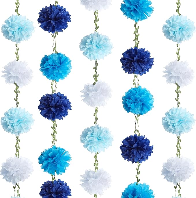 Sahoottie 2 Pc White and Blue Hanging Paper Flower Garland, 8.2 FT Ombre Tissue Paper Flower Garland, Blue Pom Pom Garland for Beach Wedding Backdrop Ocean Themed Party Bridal Shower