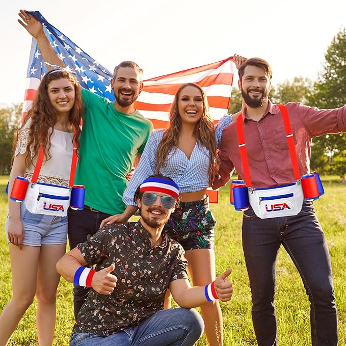 Sweetude USA America Flag Fanny Pack 4th of July Patriotic Beverage Beer Belt Costume Set Outfit Accessories with Drink Holder Sunglasses Striped Sweatband Men Women