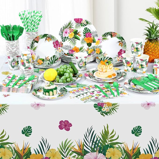 452 Pcs Hawaiian Party Decorations, Tropical Luau Paper Plates Napkins Cups Tablecloth Cutlery Straws for Summer Beach Aloha Floral Hawaiian Birthday Party Supplies Favors, Serves 50