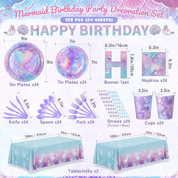 195Pcs Mermaid Birthday Party Decorations with Happy Birthday Banner Tablecloth, Mermaid Themed Party Supplies with Plates Cups Napkins Straws Cutlery, Purple Blue Disposable Tableware for 24 Guests