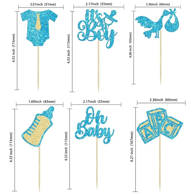 Gyufise 24Pcs Baby Shower Oh Baby Cupcake Toppers It's a Boy Cupcake Picks Glitter Tie Onesie Baby Bottle Cake Picks Decorations for Gender Reveal Baby Shower Boys Birthday Party Supplies Blue