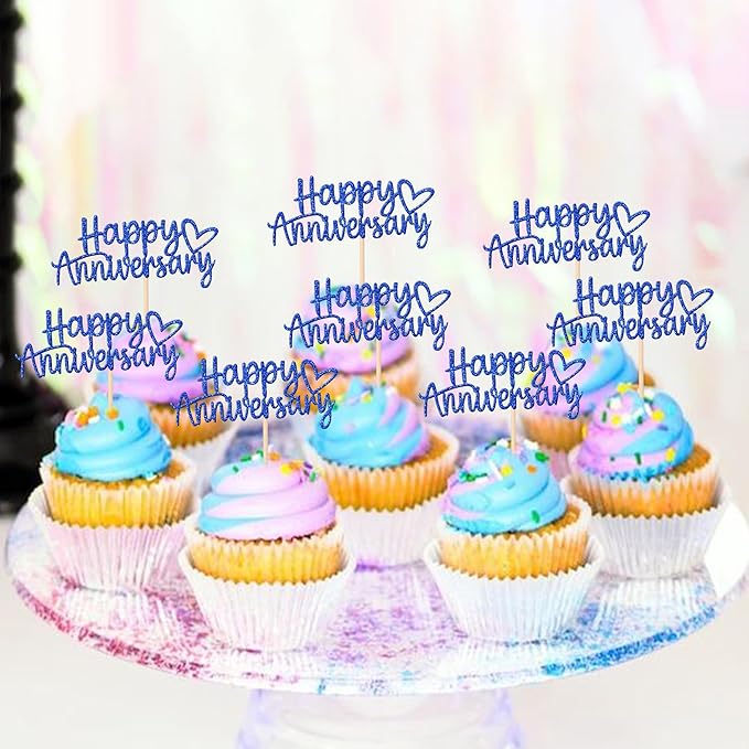 24 PCS Happy Anniversary Cupcake Toppers Glitter Wedding Anniversary Cupcake Picks Happy Anniversary Cupcake Decorations Baby Shower Birthday Wedding Anniversary Party Cake Decorations Supplies Blue