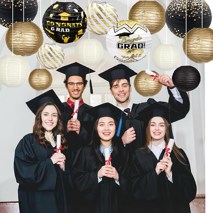 ADLKGG Graduation Paper Lanterns Party Decorations, Black and Gold Hanging Paper Lanterns for Class of 2025 Decorations, Congratulation Graduation Party Supplies, School, Home, Car Grad Decor, 16PCSs