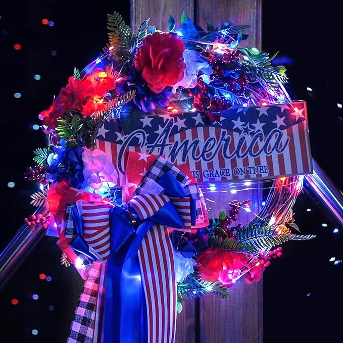 JMEXSUSS 4 Pack 50LED Red White Blue Fairy Lights Battery Operated, 16ft Battery Powered 4th of July Fairy Lights, Indoor Patriotic Lights for Independence Day 4th of July Decorations