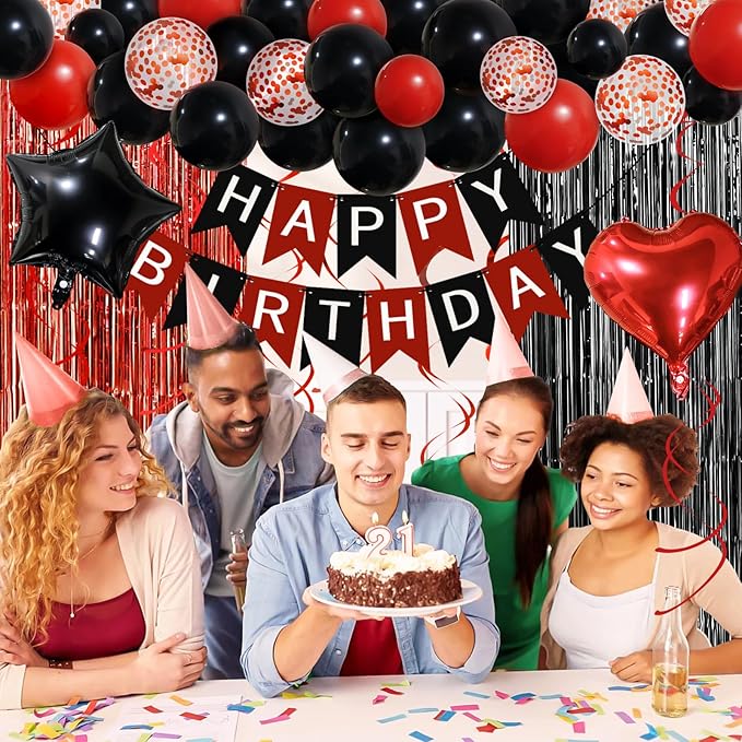 Red and Black Birthday Decorations, Happy Birthday Banner, Confetti Balloons, Fringe Curtain, Heart Star Foil Balloons, Hanging Swirls for Women Girls Princess Party Decorations