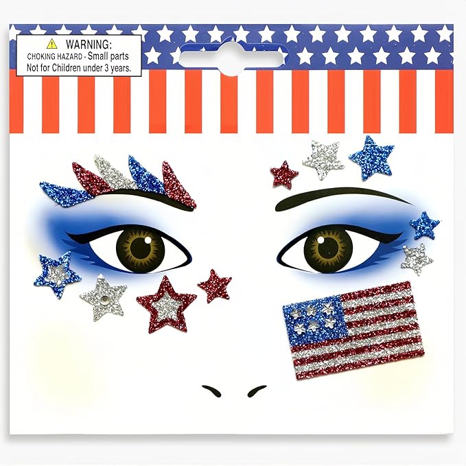 4th of July Face Gems, Fourth of July Celebration Face Jewels, Patriotic Tattoo with USA Flag Stars Designs, Sparkle Glitter Red Blue Silver for Independence Day, Parades, Parties 2 Sheets (style3)