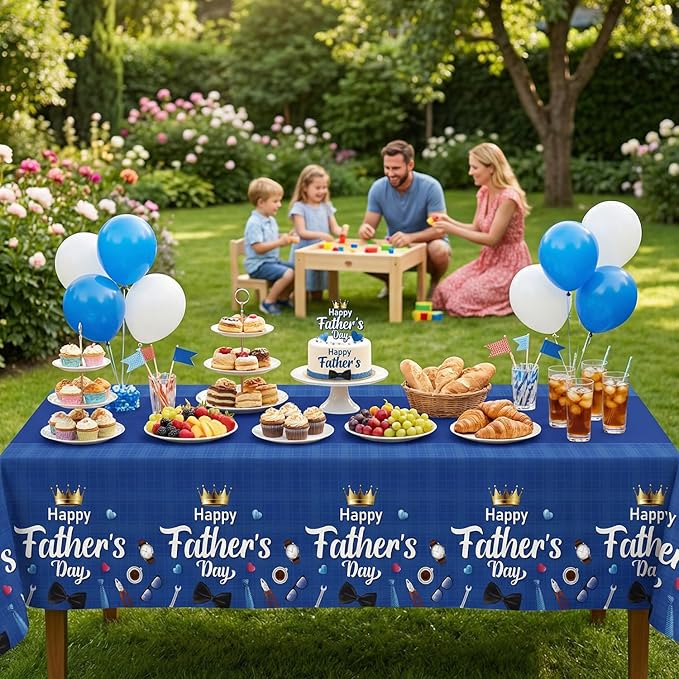 3-Pack Father's Day Tablecloth, Fathers Day Party Decorations, 54" x 108" Blue Plastic Disposable Table Covers, Father's Day Party Supplies