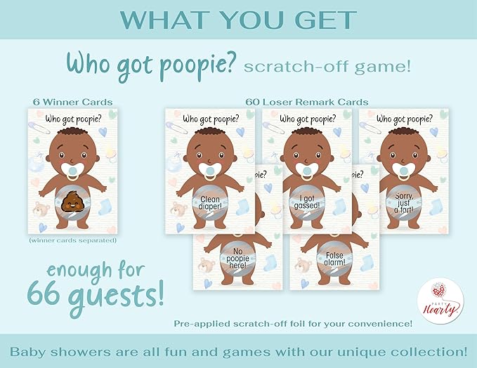 Party Hearty Baby Shower Games for Boy, 66 Poopie Emoji Scratch Off Lottery Tickets, Baby Games Ideas, Scratch Off Game