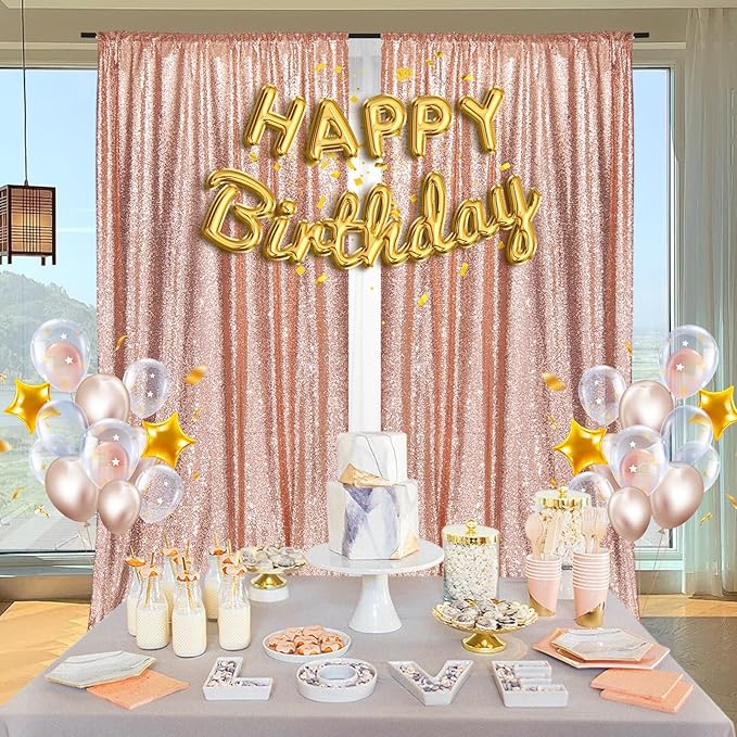 PartyDelight Rose Gold Sequin Backdrop 5x10ft 2 Panels - High Density 3mm Shimmer Sequin Background with 4-Inch Rod Pocket, Sparkly Photography Curtain for Wedding, Gala, Stage & Event Decoration
