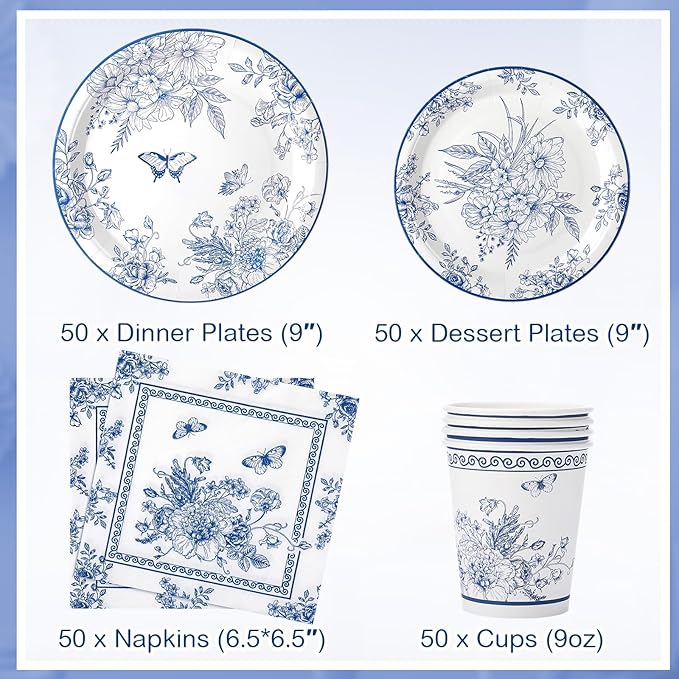 Pickmesh 250 Pcs Blue Floral Party Disposable Tableware Set Paper Plates and Napkins Cups Supplies Tea Party Theme Dinner Dinnerware for Birthday Bridal Baby Shower wedding Decoration Serves 50