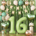 Sage Green Sweet 16 Birthday Decorations for Girls Boys, 16th Birthday Party Supplies with Green Number 16 Balloon, Sand White & Cream Balloon Kit and Fringe Curtains