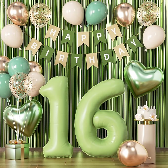Sage Green Sweet 16 Birthday Decorations for Girls Boys, 16th Birthday Party Supplies with Green Number 16 Balloon, Sand White & Cream Balloon Kit and Fringe Curtains